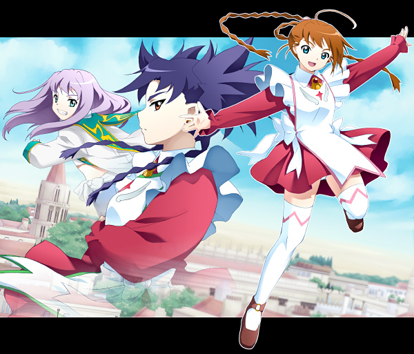 saipaco, arika yumemiya, mashiro blan de windbloom, nina wang, my-otome, white legwear, 00s, 3girls, :d, androgynous, black hair, blue sky, brooch, brown hair, building, city, day, dress, earrings, garderobe uniform, gem, green eyes, jewelry, letterboxed, long sleeves, looking at viewer, multiple girls, open mouth, outdoors, outstretched arms, pink hair, profile, sky, smile, spiked hair, thighhighs, white dress, zettai ryouiki