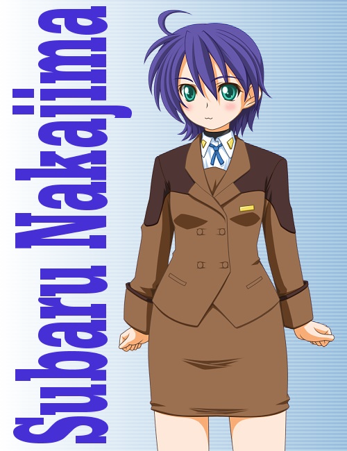 t2r, subaru nakajima, lyrical nanoha, mahou shoujo lyrical nanoha, mahou shoujo lyrical nanoha strikers, 00s, 1girl, :3, blush, female focus, green eyes, military, military uniform, pencil skirt, purple hair, short hair, skirt, solo