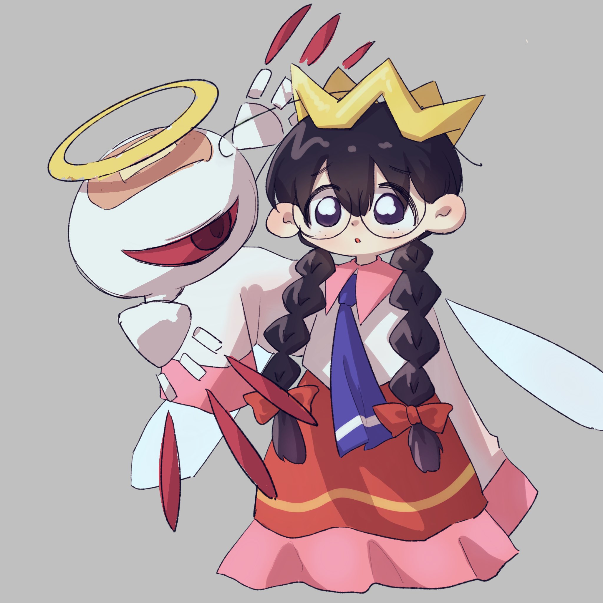 ripple star queen, zero two (kirby), kirby (series), kirby 64, nintendo, highres, 1girl, bandaid, black hair, bow, braid, crown, fairy, fairy wings, freckles, glasses, grey background, hair bow, halo, long hair, long skirt, low twin braids, one-eyed, pink skirt, red bow, red eyes, simple background, skirt, sleeves past fingers, sleeves past wrists, tetete dedede 4, twin braids, wings