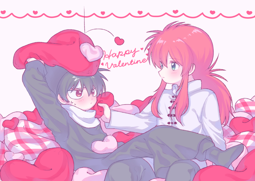 morishi (bearxforest), hiei (yu yu hakusho), kurama (yu yu hakusho), yuu yuu hakusho, commentary request, 2boys, arms up, black boots, black hair, black pants, black robe, blue eyes, blush, boots, chinese clothes, closed mouth, dot mouth, full body, gingham, hand up, happy valentine, heart, heart-shaped pillow, high collar, holding, holding pillow, leg up, long hair, long sleeves, looking at another, lying, male focus, multiple boys, pants, pillow, red eyes, red hair, red theme, robe, scarf, shirt, short hair, sidelocks, sitting, sweatdrop, valentine, white scarf, white shirt, yaoi