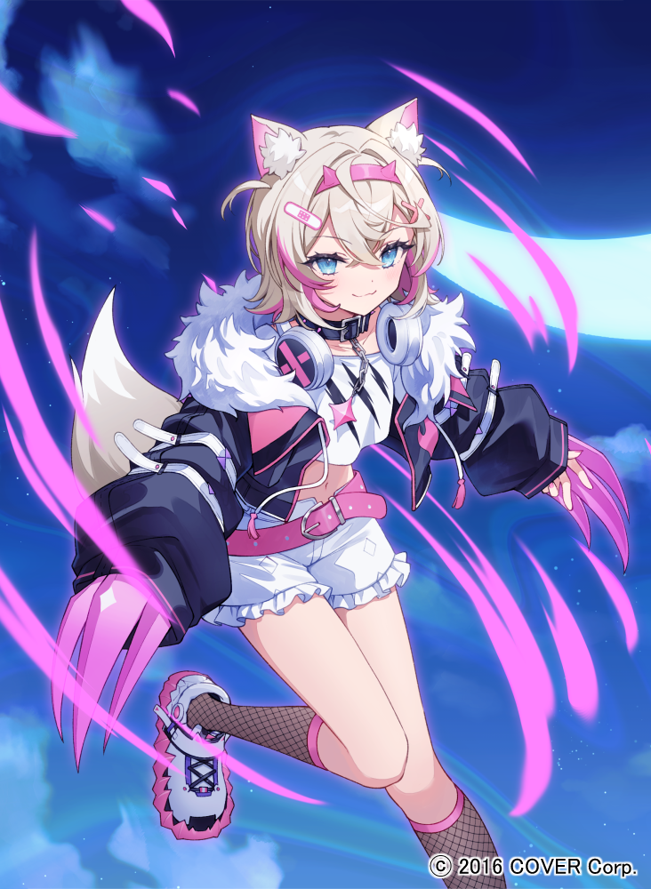 chatsubaki, mococo abyssgard, mococo abyssgard (1st costume), hololive, hololive english, commentary request, official art, 1girl, animal collar, animal ears, bandaid, bandaid hair ornament, belt, black collar, black jacket, blonde hair, blue eyes, brown socks, claw (weapon), closed mouth, collar, colored shoe soles, copyright notice, crescent moon, cropped jacket, cropped shirt, crossed bangs, dog ears, dog girl, dog tail, double-parted bangs, fishnet socks, fishnets, frilled shorts, frills, fur-trimmed jacket, fur trim, hair between eyes, hair intakes, hair ornament, hairband, headphones, headphones around neck, horn hairband, jacket, kneehighs, long sleeves, looking at viewer, midair, midriff, moon, multicolored hair, navel, night, outdoors, pink belt, pink hair, pink hairband, puffy long sleeves, puffy sleeves, shirt, shoes, short hair, short shorts, shorts, smile, sneakers, socks, solo, spiked collar, spikes, streaked hair, tail, two side up, virtual youtuber, weapon, white shirt, white shoes, white shorts, x hair ornament
