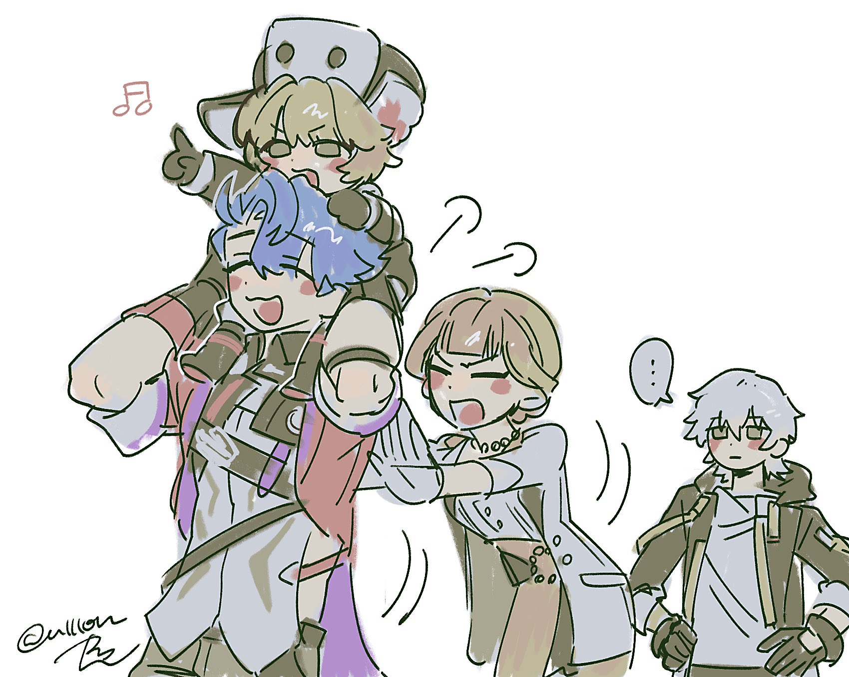 ulllon, caelus (honkai: star rail), hook (honkai: star rail), sampo koski, trailblazer (honkai: star rail), honkai: star rail, honkai (series), commentary request, highres, …, 2boys, 2girls, artist name, baggy pants, black boots, black coat, black gloves, black hat, black pants, black shirt, blonde hair, blue hair, blunt bangs, blush stickers, boots, brown eyes, buttons, carrying, closed eyes, closed mouth, coat, collared shirt, fur-trimmed headwear, fur trim, gloves, grey hair, hair between eyes, half-closed eyes, hands on own hips, hands up, hat, high-waist pants, hood, hooded coat, jacket, jewelry, lapels, long sleeves, looking at another, multiple boys, multiple girls, musical note, necklace, open clothes, open coat, open jacket, open mouth, orange pants, pants, piggyback, pocket, pointing, red jacket, shirt, short hair, signature, simple background, speech bubble, spoken ellipsis, standing, t-shirt, v-shaped eyebrows, white background, white gloves, white jacket, white pants, white shirt, yellow eyes