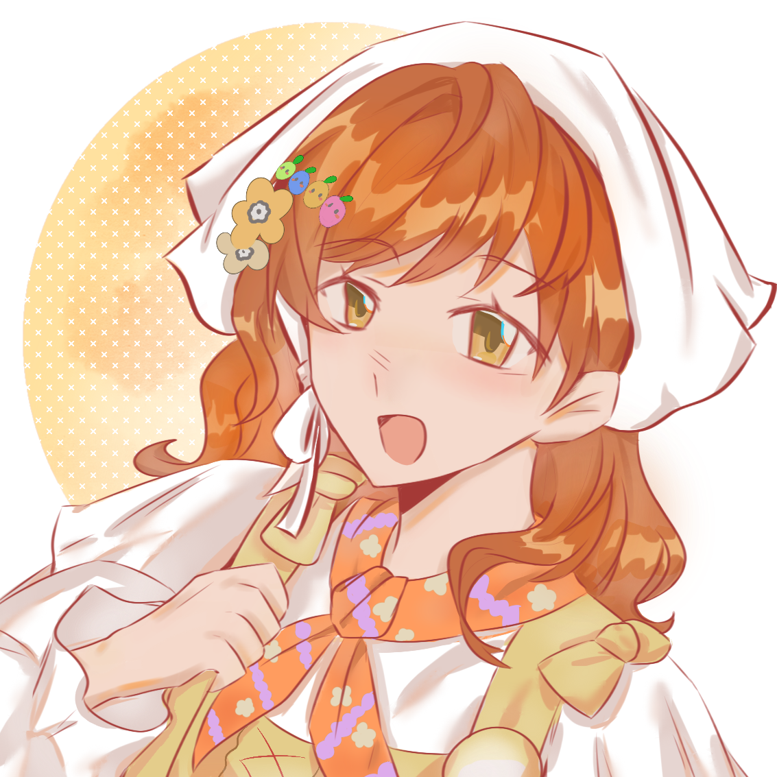 infinity nikki, nikki (series), stardew valley, 1girl, apple hair ornament, apron, bow, brown hair, character hair ornament, circle, clenched hand, eyelashes, floral print, flower, food-themed hair ornament, hair flower, hair ornament, hairclip, happy, headscarf, huiyuankuaiguoqilewohaobeng, long hair, long sleeves, loose hair strand, neckerchief, open mouth, orange neckerchief, shirt, smile, solo, stardew valley encounter (infinity nikki), swept bangs, two-tone background, upper body, wavy hair, white background, white headscarf, white shirt, yellow apron, yellow background, yellow bow, yellow eyes, yellow flower