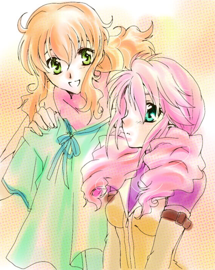 christina sierra, feldt grace, gundam, gundam 00, clothes, 00s, 2girls, :d, armlet, dress, drill hair, green dress, green eyes, grin, holding, jewelry, looking at viewer, multiple girls, open mouth, pink hair, ponytail, sidelocks, smile, teeth, twin drills, yellow dress
