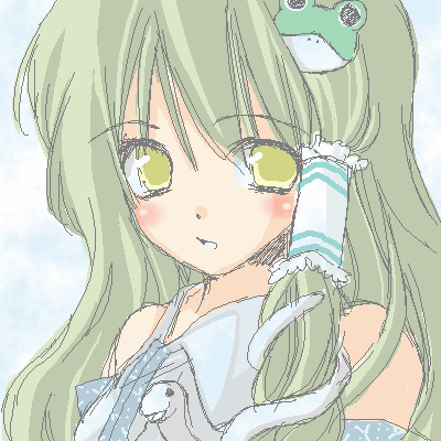 akiyama natsumi, kochiya sanae, touhou, bad id, bad pixiv id, lowres, 1girl, detached sleeves, female focus, green hair, long hair, oekaki, portrait, solo, yellow eyes