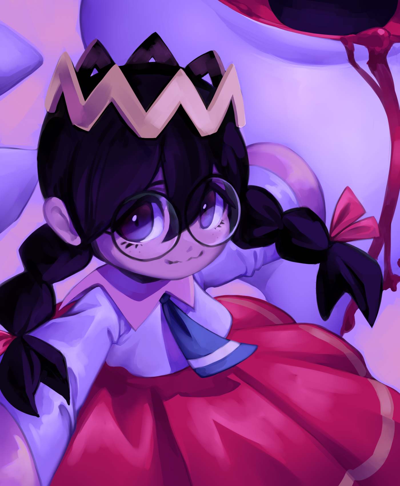 stardust-dreamii, ripple star queen, zero two (kirby), kirby (series), kirby 64, nintendo, highres, 1girl, black hair, bleeding, blood, bow, braid, crown, hair bow, long hair, looking at viewer, low twin braids, one-eyed, purple eyes, red bow, red eyes, smile, twin braids