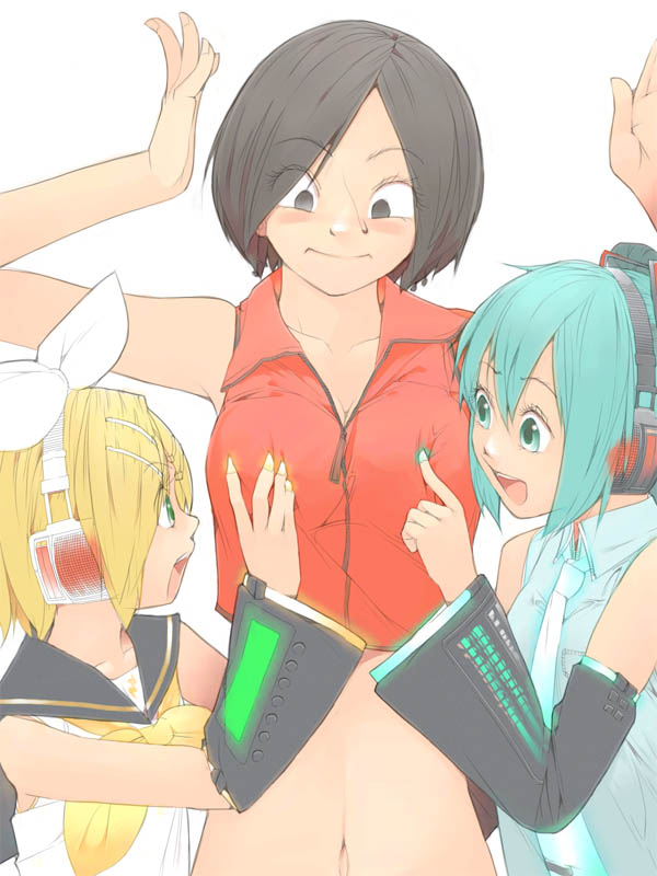 akinbo (hyouka fuyou), hatsune miku, kagamine rin, meiko (vocaloid), vocaloid, 3girls, age difference, aqua eyes, aqua hair, blonde hair, blue eyes, blush, breasts, brown eyes, brown hair, cross-eyed, glowing, grabbing another's breast, groping, loli, multiple girls, navel, onee-loli, open mouth, yuri
