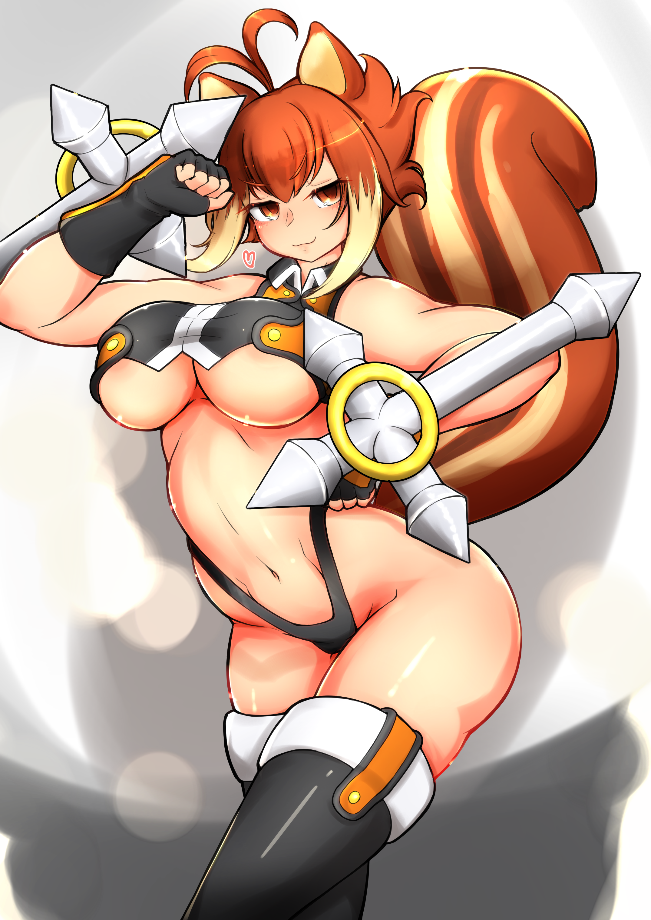u g peru, makoto nanaya, blazblue, 1girl, animal ears, bare shoulders, breasts, brown eyes, brown hair, crop top, fingerless gloves, gloves, heart, large breasts, midriff, short hair, sleeveless, smug, squirrel ears, squirrel tail, tail, thighhighs, thong, tonfa, underboob, weapon