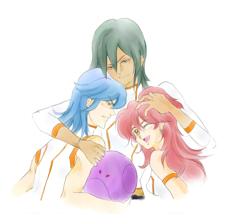 bad haro, haro, johann trinity, michael trinity, nena trinity, gundam, gundam 00, 00s, 1girl, 2boys, brother and sister, brothers, freckles, multiple boys, one eye closed, red hair, siblings, wink, yellow eyes