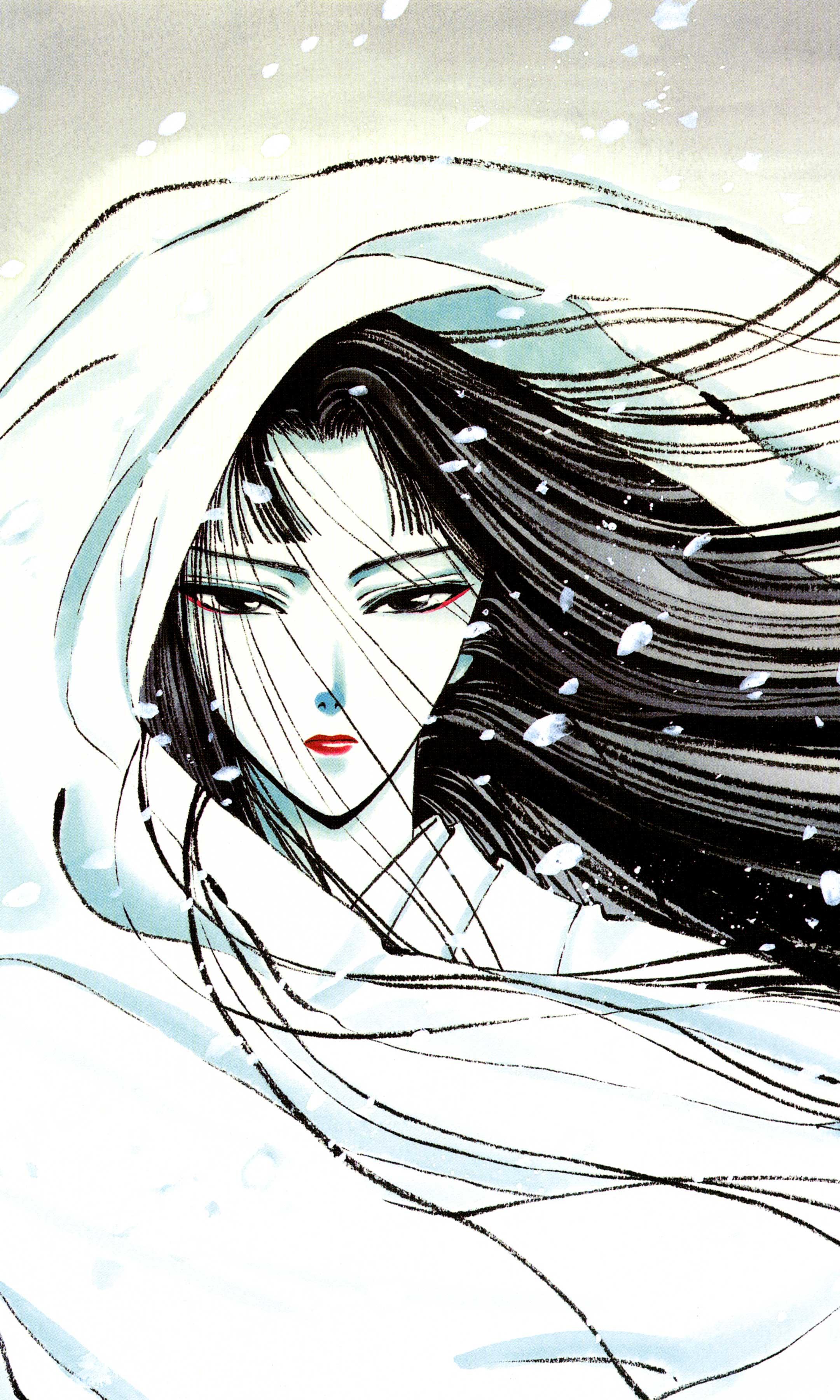 clamp, shirahime sho, absurdres, highres, official art, 1girl, black hair, colored skin, female focus, japanese clothes, kimono, lipstick, long hair, looking at viewer, makeup, princess, shirahime, snow, solo, white skin, white theme, wind, yuki onna