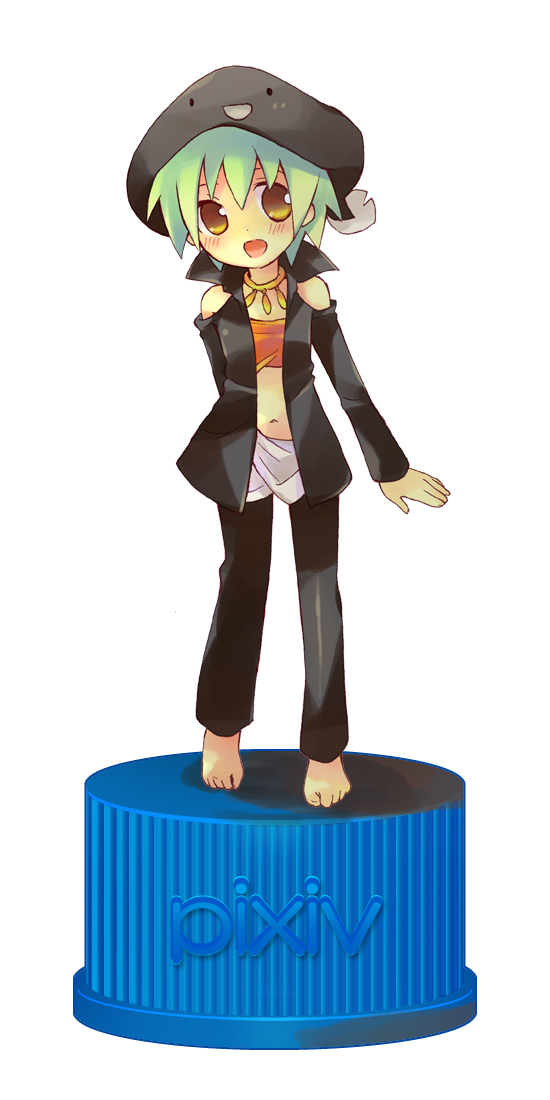 tachitsu teto, original, bad id, bad pixiv id, barefoot, bottle cap, hat, pixiv bottlecap, solo