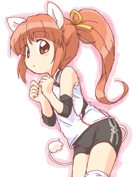 leonne, fushigiboshi no futago hime, 00s, animal ears, buruma, cat ears, cat tail, double vertical stripe, gym uniform, ponytail, shorts, solo, tail