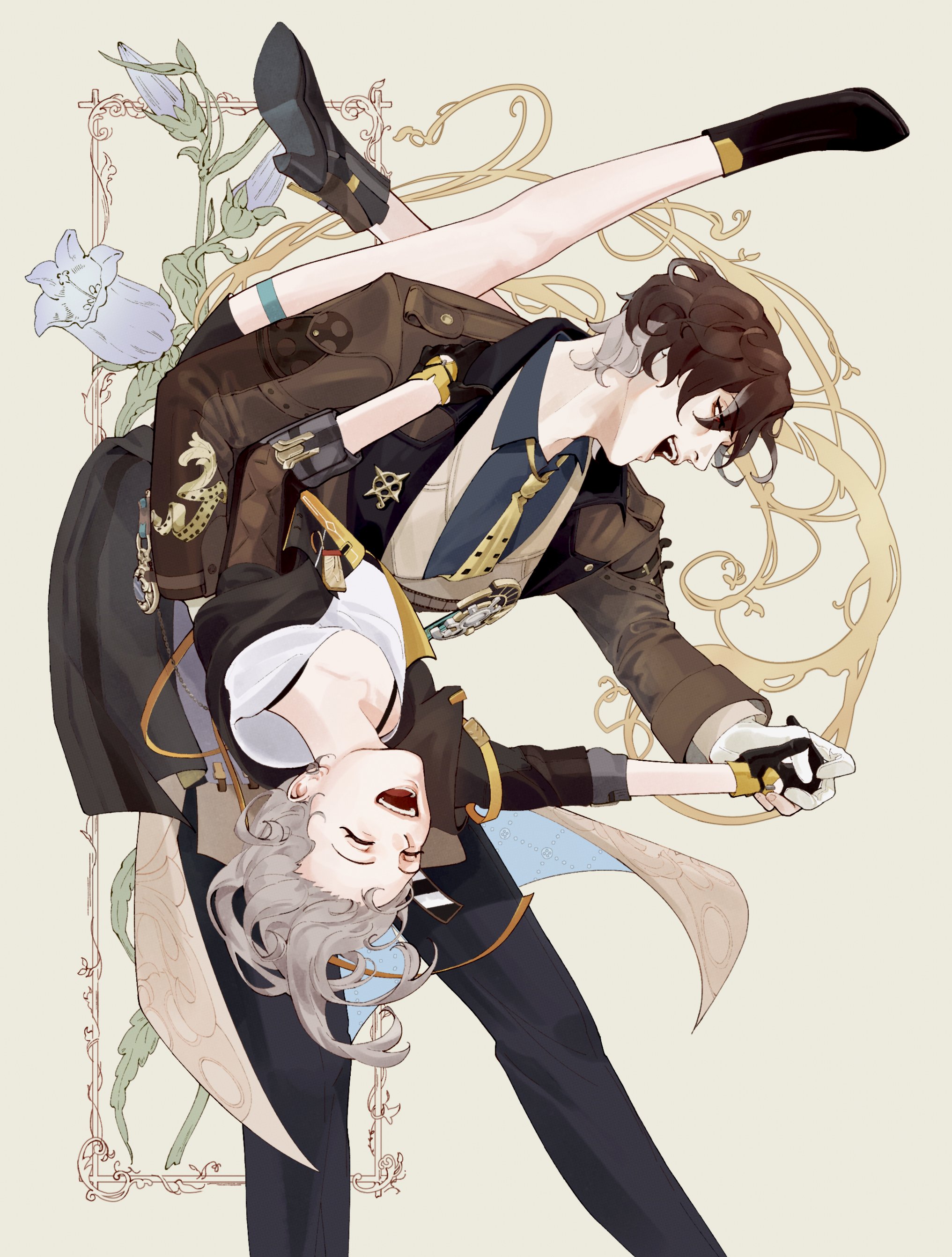 q441, mr. reca (honkai: star rail), stelle (honkai: star rail), trailblazer (honkai: star rail), honkai: star rail, honkai (series), absurdres, commentary, english commentary, highres, 1girl, black boots, black gloves, black jacket, black pants, black shirt, black skirt, blue flower, blue tulip, boots, brown hair, brown jacket, chain, closed eyes, collarbone, collared shirt, dancing, floral background, flower, formal clothes, gears, gloves, gold chain, grey hair, hair between eyes, happy, hetero, high heel boots, high heels, holding hands, jacket, lapels, legs up, long hair, long sleeves, looking at another, looking down, miniskirt, multicolored hair, necktie, open clothes, open jacket, open mouth, pants, pocket watch, red eyes, shirt, short hair, skirt, smile, standing, t-shirt, teeth, thigh strap, tongue, tulip, two-tone hair, vest, watch, white gloves, white shirt, white vest, yellow background, yellow necktie