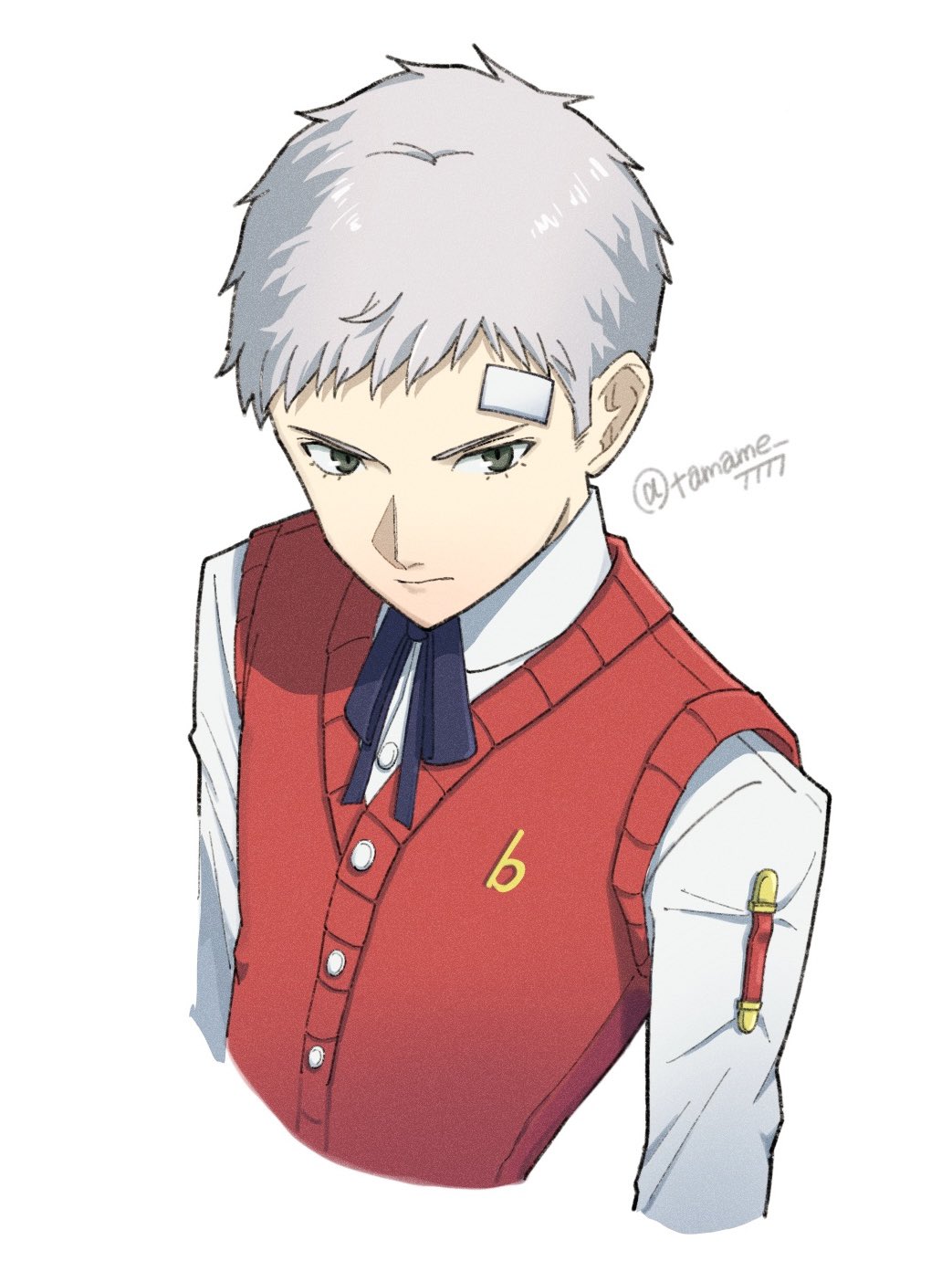 tamame 7777, sanada akihiko, persona, persona 3, commentary request, highres, 1boy, bandaid, bandaid on face, bandaid on forehead, black ribbon, closed mouth, collared shirt, cropped torso, gekkoukan high school uniform, grey hair, long sleeves, male focus, neck ribbon, red sweater vest, ribbon, school uniform, shirt, short hair, simple background, solo, sweater vest, twitter username, upper body, white background, white shirt