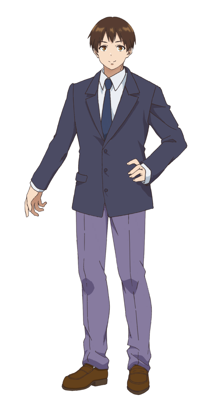 kotesashi kouyou, sawaranaide kotesashi-kun, highres, official art, 1boy, anime coloring, blazer, blue necktie, brown eyes, brown hair, brown shoes, closed mouth, collared shirt, dress shoes, full body, grey jacket, hand on own hip, jacket, long sleeves, looking at viewer, necktie, pants, purple pants, school uniform, shirt, shoes, short hair, simple background, smile, solo, standing, tachi-e, transparent background, tsukamoto ryusuke, white shirt