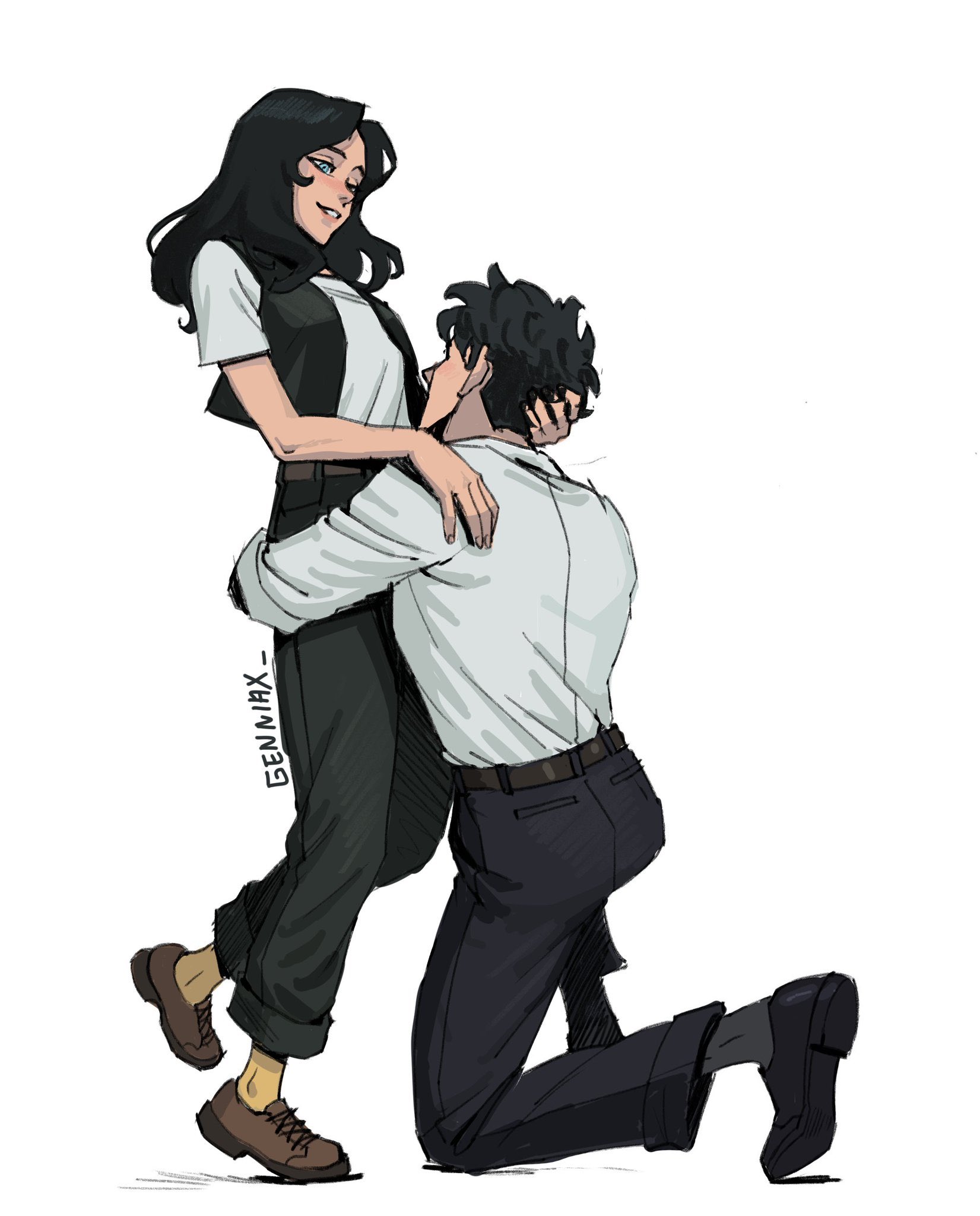 genniax, clark kent, lois lane, dc comics, superman (2025), superman (series), commentary, english commentary, highres, 1boy, 1girl, artist name, belt, black hair, black socks, black vest, blue eyes, brown belt, brown shoes, couple, from behind, hetero, hug, long hair, long sleeves, looking at another, pants, shirt, shoes, short hair, short sleeves, simple background, socks, vest, white background, white shirt, yellow socks