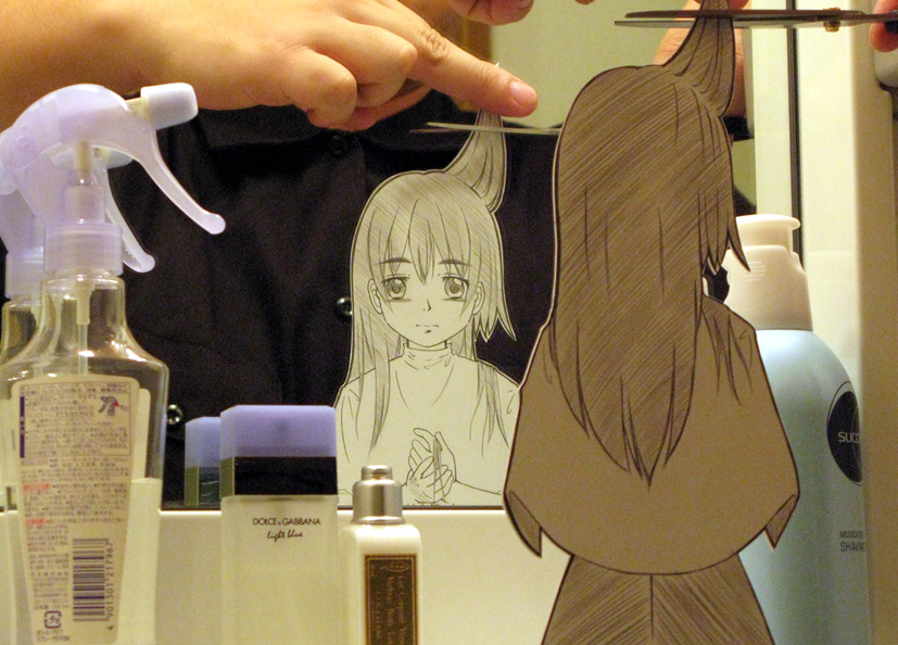 sasaki yukinojou, original, bad id, bad pixiv id, md5 mismatch, papercraft (medium), photo (medium), unconventional media, 1boy, 1girl, bathroom, blush, cutting another's hair, cutting hair, indoors, interactive media, long hair, mirror, paper child, solo focus