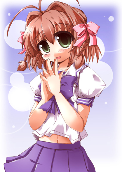 shirogane (platinum), suzumiya haruka, kimi ga nozomu eien, 00s, 1girl, antenna hair, blue background, blue bow, blue bowtie, blue skirt, blush, bow, bowtie, braid, brown hair, bubble, cowboy shot, dress, female focus, green eyes, looking at viewer, own hands together, plait, pleated skirt, puffy short sleeves, puffy sleeves, sailor collar, sailor dress, school uniform, serafuku, short hair, short sleeves, side braid, skirt, solo, twin braids