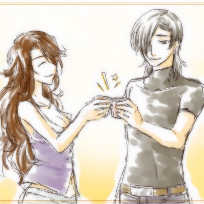 allelujah haptism, sumeragi lee noriega, gundam, gundam 00, lowres, 00s, black hair, brown hair, drink, hair over one eye, long hair, smile, wavy hair