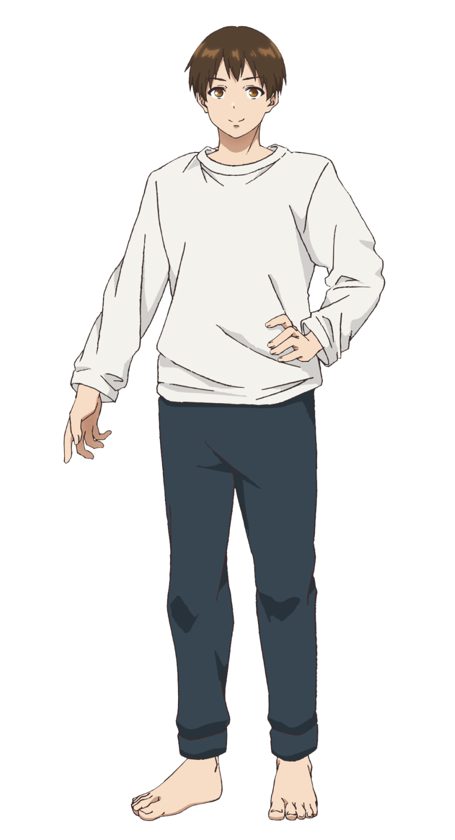 sawaranaide kotesashi-kun, highres, official art, 1boy, anime coloring, barefoot, brown eyes, brown hair, closed mouth, full body, grey pants, hand on own hip, long sleeves, looking at viewer, pants, shirt, short hair, simple background, smile, solo, standing, tachi-e, transparent background, tsukamoto ryusuke, white shirt