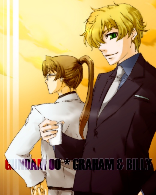 billy katagiri, graham aker, gundam, gundam 00, 00s, 2boys, formal clothes, glasses, male focus, multiple boys, necktie