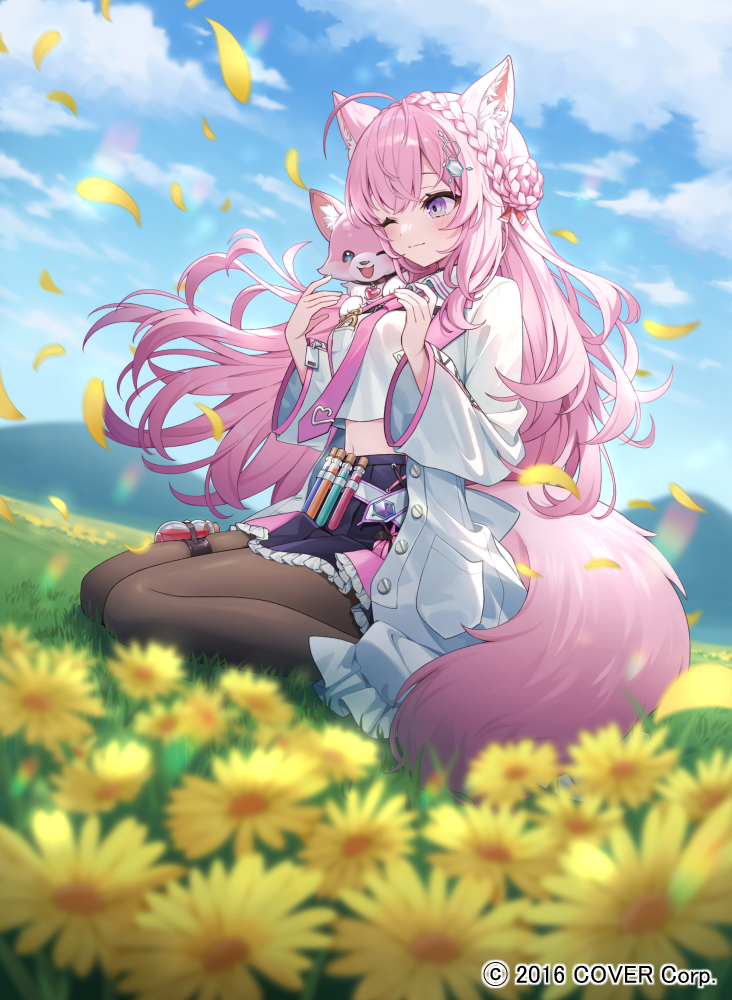 chatsubaki, hakui koyori, hakui koyori (1st costume), kokoro (hakui koyori), hololive, commentary request, official art, 1girl, animal, animal ear fluff, animal ears, animal on shoulder, antenna hair, belt, belt pouch, black pantyhose, black skirt, blue sky, blurry, blurry background, blurry foreground, braid, braided bun, chest belt, cloud, coat, collared shirt, copyright notice, cropped shirt, cross-laced clothes, cross-laced sleeves, crossed bangs, crown braid, day, double-parted bangs, double bun, falling petals, field, floating hair, flower, flower field, frilled skirt, frills, full body, hair bun, hexagon hair ornament, lab coat, lapels, light smile, long hair, long sleeves, looking at animal, miniskirt, necktie, notched lapels, one eye closed, outdoors, pantyhose, petals, pink hair, pink necktie, pleated skirt, pouch, purple eyes, shirt, sidelocks, sitting, skirt, sky, solo, tail, test tube, thigh pouch, thigh strap, very long hair, virtual youtuber, wariza, white belt, white coat, white shirt, wolf ears, wolf girl, wolf tail
