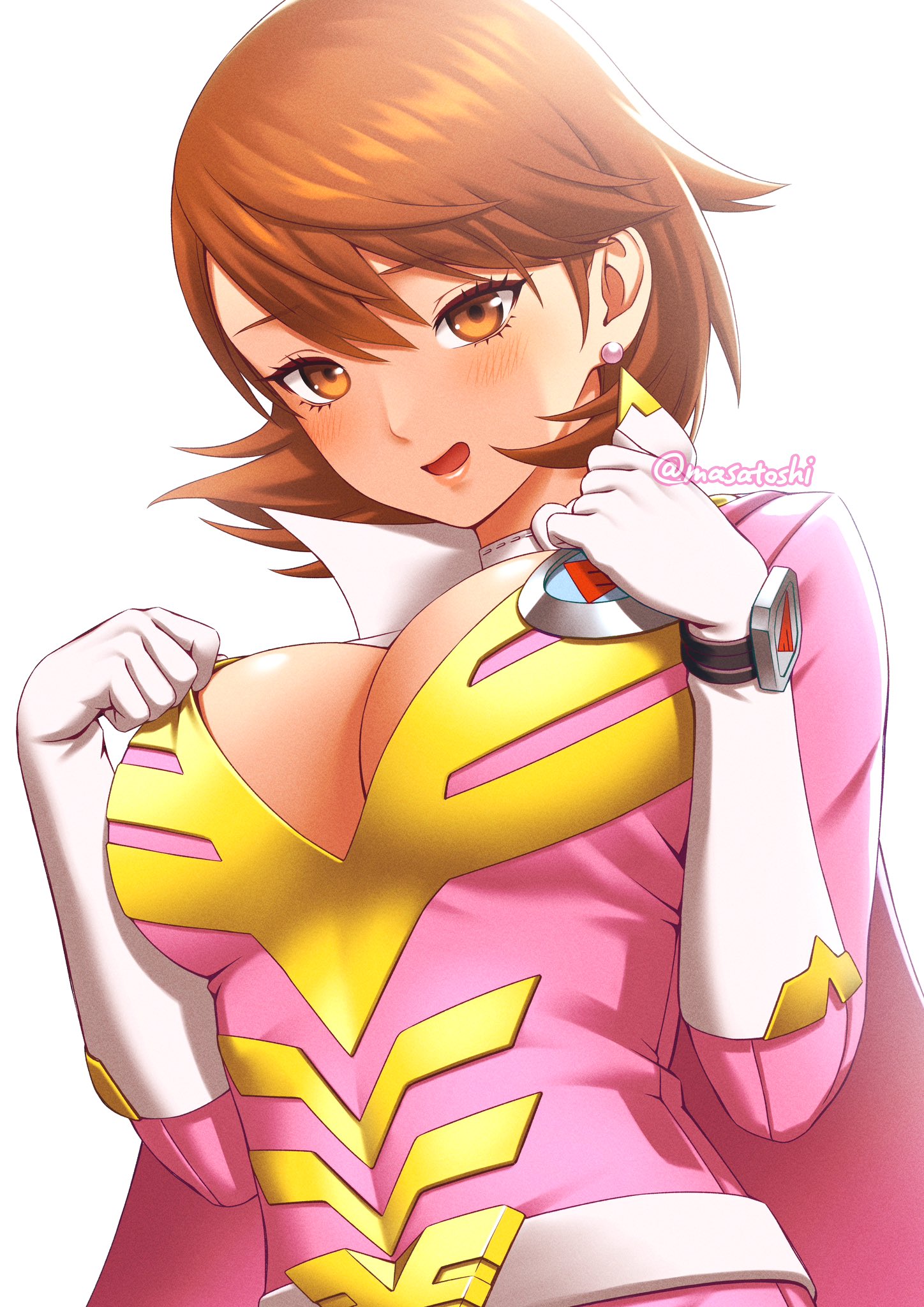 masatoshi 1219, takeba yukari, persona, persona 3, persona 4: the ultimate in mayonaka arena, persona 4: the ultimax ultra suplex hold, commentary request, highres, 1girl, blush, bodysuit, bracelet, breasts, brown eyes, brown hair, cape, choker, cleavage, earrings, eyelashes, flipped hair, gloves, heart, heart choker, jewelry, large breasts, looking at viewer, official alternate costume, open mouth, pearl earrings, pink bodysuit, pink cape, pink lips, popped collar, short hair, solo, stud earrings, tight clothes, tokusatsu, twitter username, undersized clothes, upper body, white background, white choker, white gloves