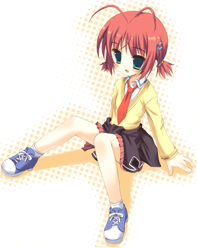ebihara minase, bra-ban!, 1girl, ahoge, female focus, green eyes, knees together feet apart, necktie, red hair, skirt, solo, sweater, twintails