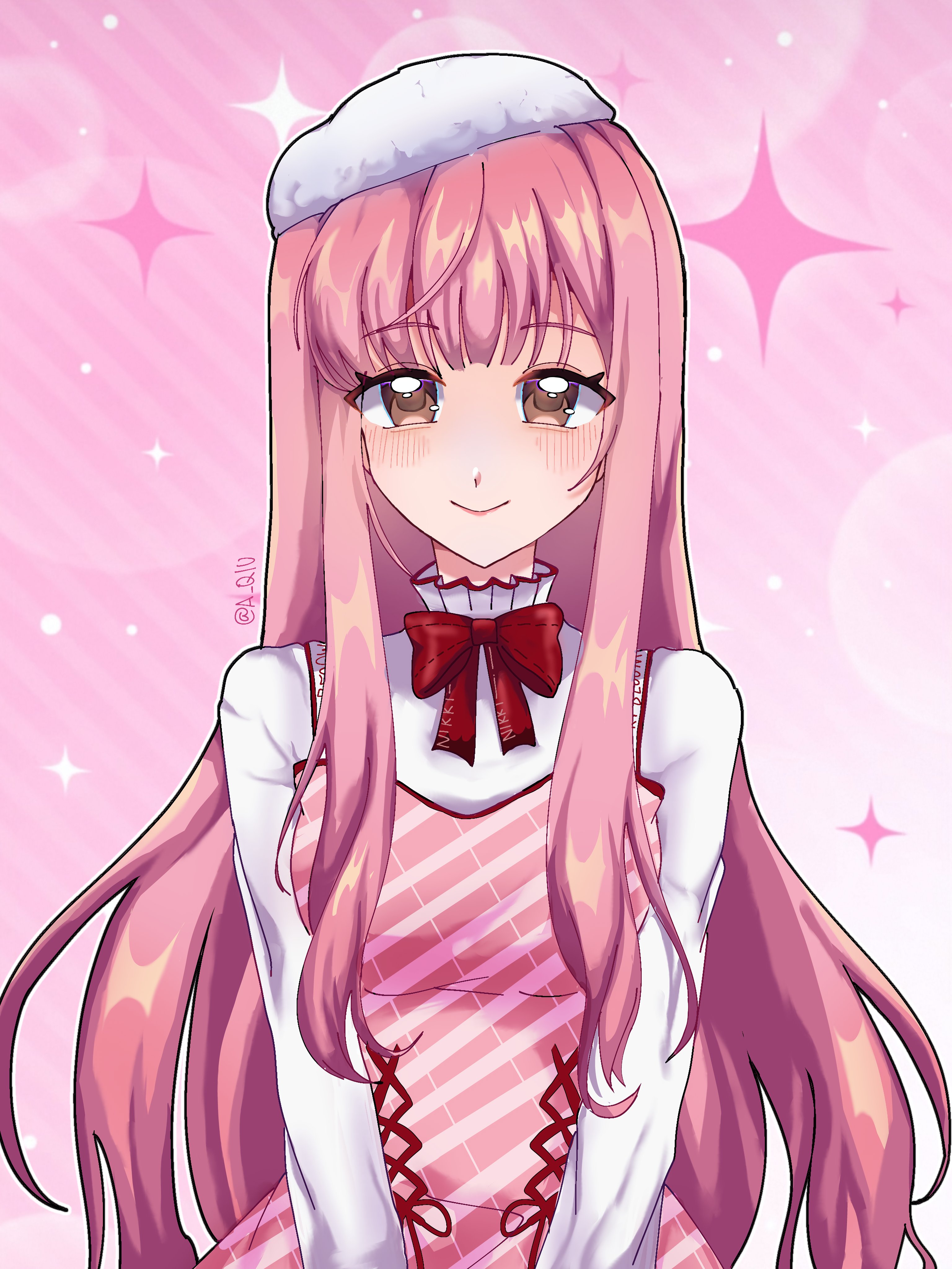 bloom poetry (shining nikki), nikki (nikki), nikki (series), shining nikki, absurdres, highres, 1girl, aqiu92652066, beret, bishie sparkle, blunt bangs, bow, bowtie, breasts, brown eyes, closed mouth, clothes writing, collared shirt, cowboy shot, cross-laced clothes, cross-laced dress, dot nose, dress, dress ribbon, eyelashes, frilled shirt collar, frills, fur hat, gradient background, hands on lap, happy, hat, high collar, light blush, light particles, lips, long hair, long sidelocks, long sleeves, medium breasts, pinafore dress, pink background, pink dress, pink hair, pink lips, plaid clothes, plaid dress, red bow, red bowtie, red ribbon, ribbon, shirt, sidelocks, sleeveless, sleeveless dress, smile, solo, sparkle, standing, straight-on, striped background, twitter username, very long hair, wavy hair, white hat, white shirt