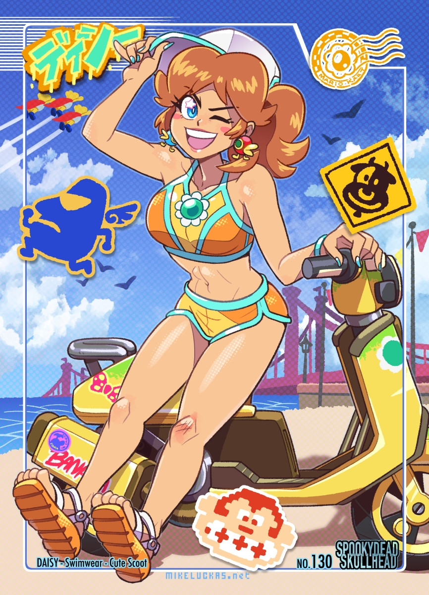 mike luckas, cataquack, donkey kong, moo moo (mario), princess daisy, mario (series), mario kart, mario kart world, nintendo, 1girl, abs, bare shoulders, blue eyes, breasts, bridge, crop top, hat, moai, motor vehicle, motorcycle, one eye closed, orange hair, ponytail, sand, sandals, sleeveless, swimsuit, teeth, upper teeth only, water