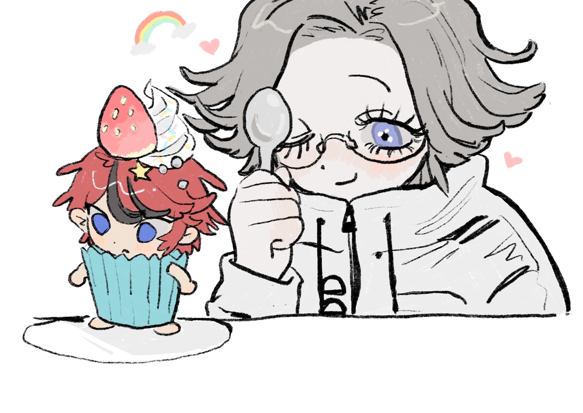 seailand, aotsuki eito, sumino takumi, the hundred line -last defense academy-, commentary request, highres, 2boys, blue eyes, chibi, food, food on head, fruit, glasses, grey hair, heart, holding, holding spoon, icing, jacket, looking ahead, looking at another, male focus, multicolored hair, multiple boys, object on head, on plate, one eye closed, purple eyes, rainbow, red hair, short hair, spoon, star (symbol), strawberry, streaked hair, white background