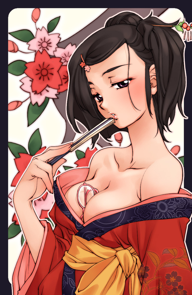 1girl, between breasts, black eyes, black hair, breasts, cherry blossoms, cleavage, collarbone, female focus, floral background, floral print, flower, folded fan, folding fan, glasses, hair flower, hair ornament, hair up, hairclip, hand fan, japanese clothes, kimono, off shoulder, outline, outside border, solo, unworn eyewear