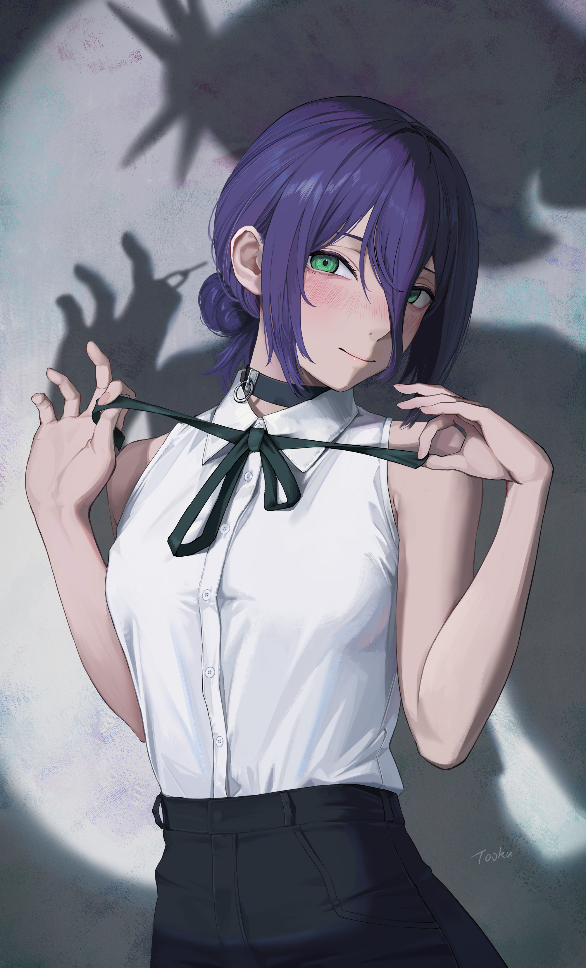 tooku0, bomb devil (chainsaw man), reze (chainsaw man), chainsaw man, absurdres, highres, 1girl, black choker, black ribbon, black shorts, breasts, choker, closed mouth, collared shirt, different shadow, green eyes, hair between eyes, light smile, medium breasts, neck ribbon, purple hair, ribbon, shadow, shirt, shirt tucked in, shorts, sleeveless, sleeveless shirt, solo, spotlight, white shirt