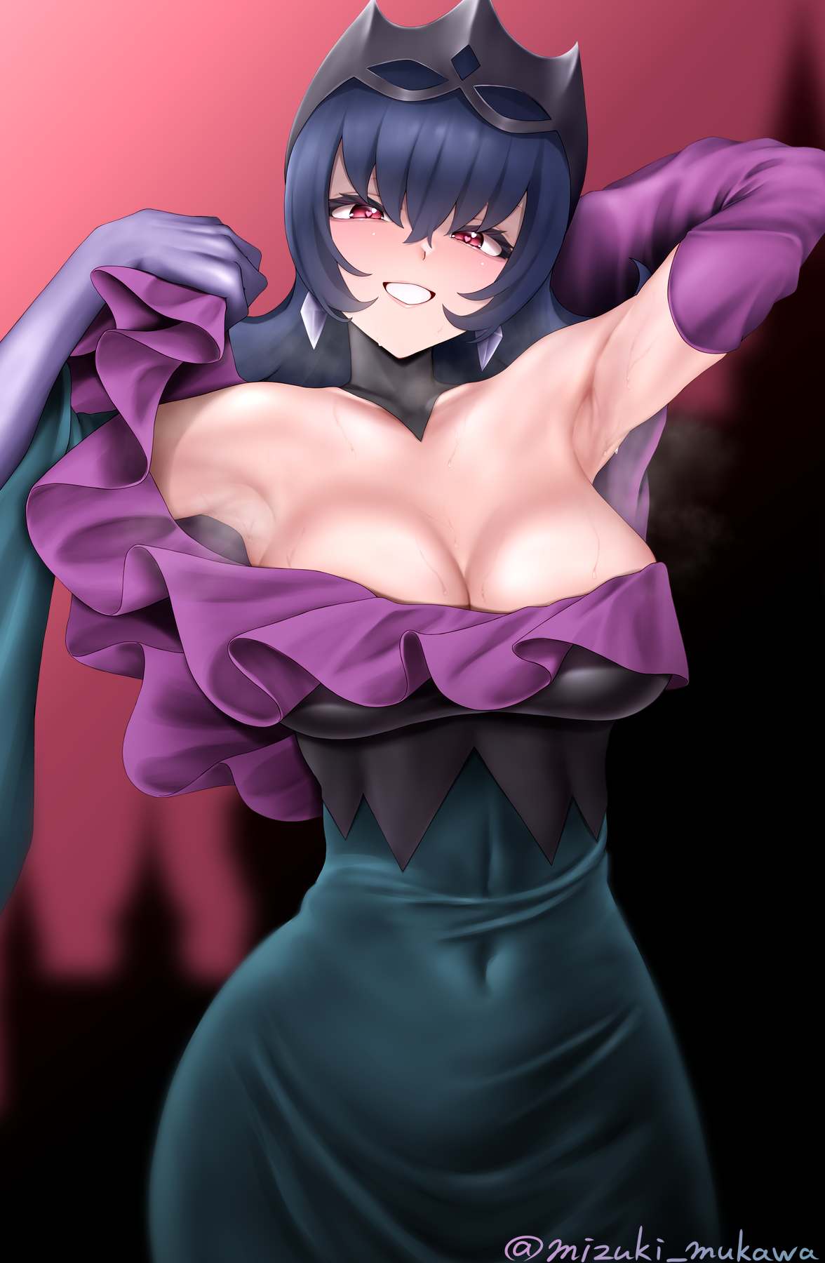 mizuki mukawa, bellelba (pokemon), sabrina (pokemon), nintendo, pokemon, pokemon bw2, commentary, highres, 1girl, arm behind head, artist name, bare shoulders, black hair, breasts, cleavage, covered navel, detached sleeves, dress, earrings, elbow gloves, flipped hair, gloves, green dress, grin, hair between eyes, heart, heart-shaped pupils, jewelry, large breasts, looking at viewer, short hair, sleeveless, sleeveless dress, smile, solo, sweat, symbol-shaped pupils, twitter username