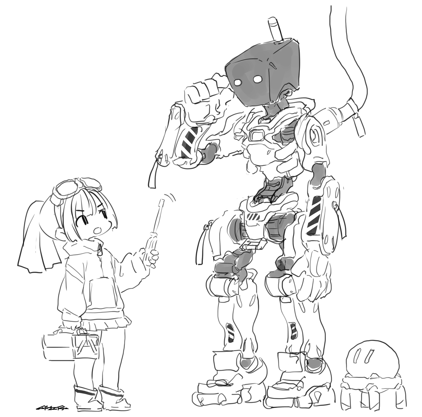 mudou eichi, original, highres, 1girl, flat chest, holding, holding screwdriver, holding tool, hood, hooded jacket, jacket, long hair, looking at another, looking up, mechanic, ponytail, robot, screwdriver, skirt