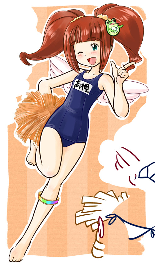 takatsuki yayoi, idolmaster, idolmaster (classic), 00s, 1girl, brown hair, female focus, green eyes, name tag, one-piece swimsuit, one eye closed, pom pom (cheerleading), school swimsuit, solo, swimsuit, twintails, wings