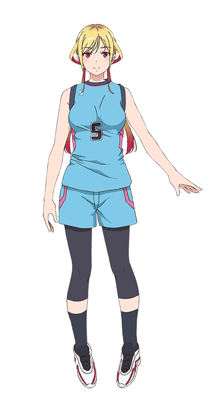kusunoki aroma, sawaranaide kotesashi-kun, official art, 1girl, anime coloring, basketball uniform, black socks, blonde hair, blue shirt, blue shorts, breasts, closed mouth, colored inner hair, full body, large breasts, long hair, looking at viewer, low twintails, multicolored hair, numbered, open hands, outstretched arm, pink eyes, pink hair, shirt, shoes, shorts, simple background, sleeveless, sleeveless shirt, smile, socks, solo, sportswear, standing, tachi-e, transparent background, tsukamoto ryusuke, twintails, two-tone hair, white shoes