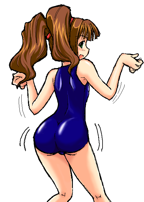 takatsuki yayoi, idolmaster, idolmaster (classic), 00s, brown hair, green eyes, looking back, one-piece swimsuit, school swimsuit, solo, swimsuit, twintails