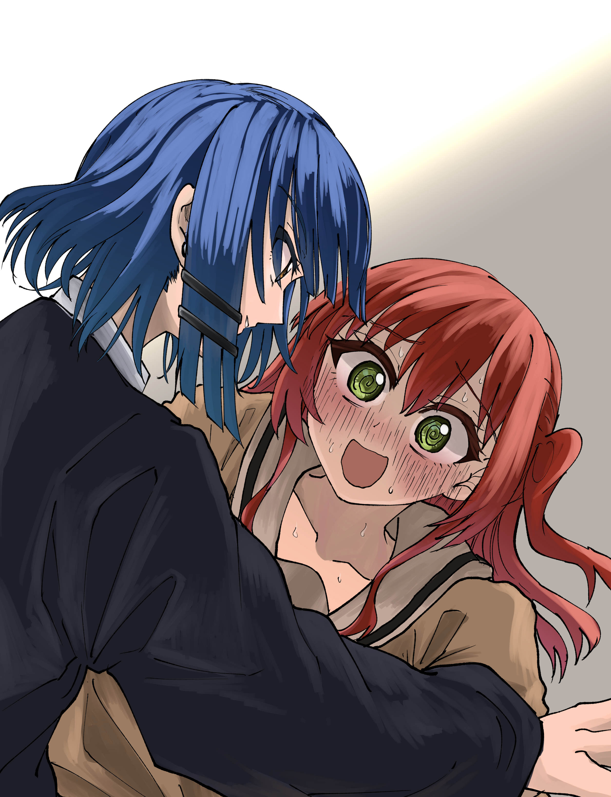 urouchi, kita ikuyo, yamada ryo, bocchi the rock!, absurdres, highres, 2girls, blue hair, blush, breasts, collar, collared shirt, green eyes, hair ornament, long sleeves, medium hair, multiple girls, piercing, red hair, ryo/kita, school uniform, shirt, small breasts, smile, sweat, sweatdrop, yellow eyes, yuri