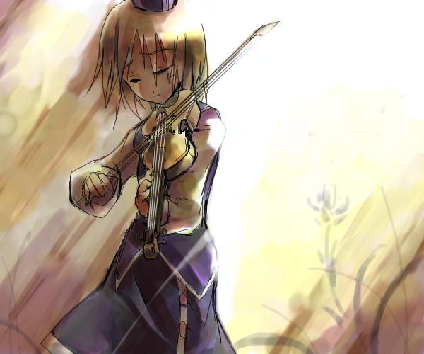 sorano eika, lunasa prismriver, touhou, 1girl, black hat, female focus, flower, hat, holding, holding instrument, holding violin, instrument, outdoors, plant, solo, standing, violin