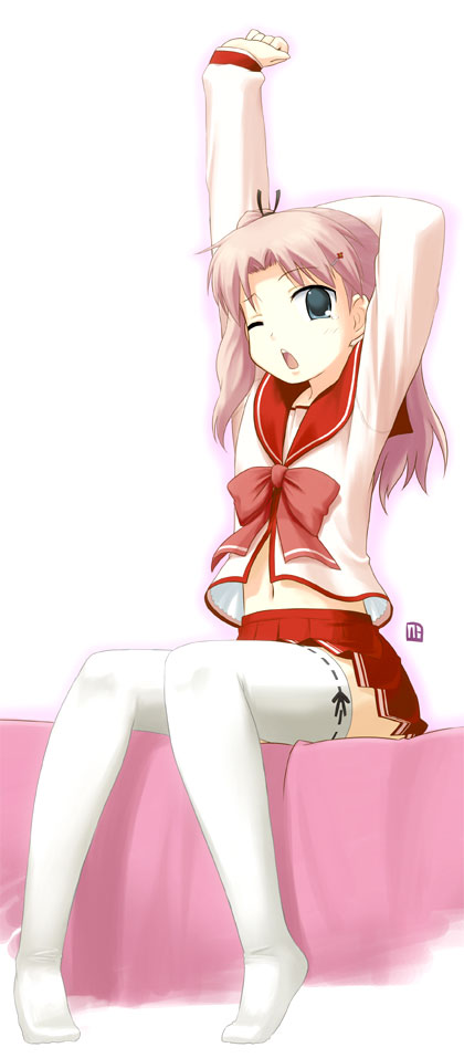 nagian, maaryan (to heart), to heart (series), to heart 2, 00s, feet, full body, school uniform, serafuku, solo, stretching, thighhighs