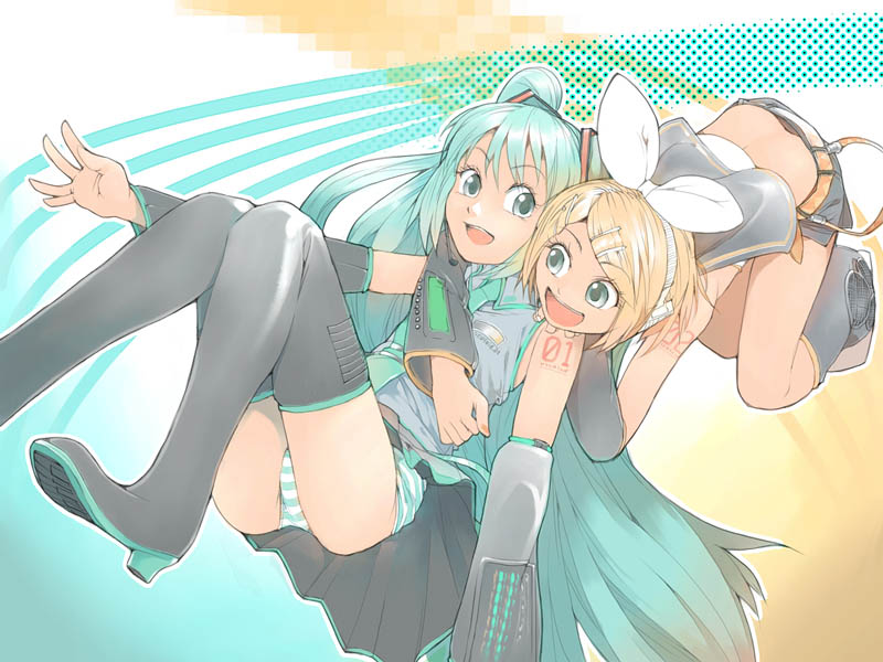 akinbo (hyouka fuyou), hatsune miku, kagamine rin, vocaloid, 2girls, aqua hair, long hair, multiple girls, panties, striped clothes, striped panties, thighhighs, underwear, very long hair
