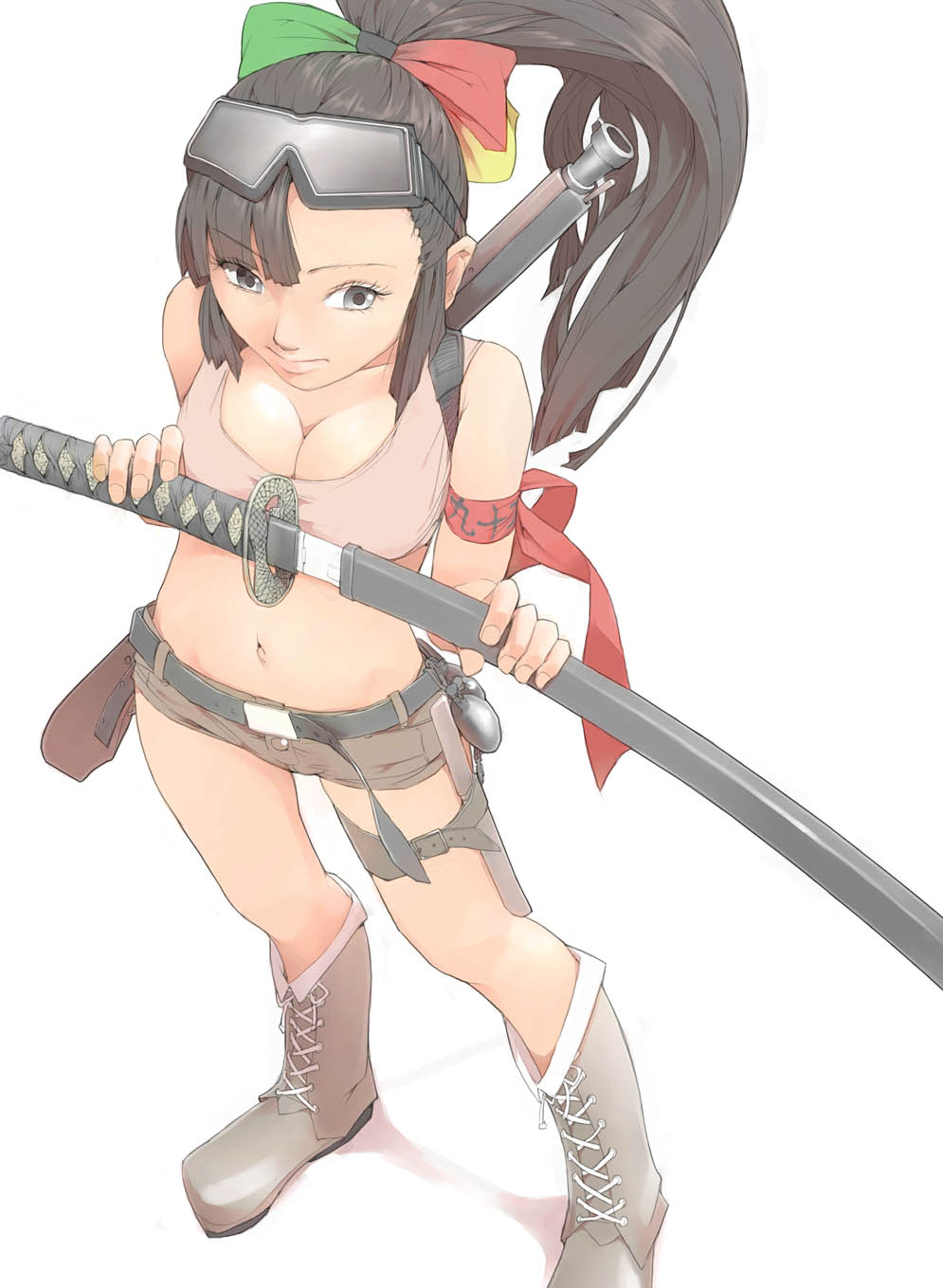 akinbo (hyouka fuyou), 95-tan, original, os-tan, highres, 1girl, armband, breasts, cleavage, female focus, gun, large breasts, sheath, short shorts, shorts, solo, sword, unsheathing, weapon