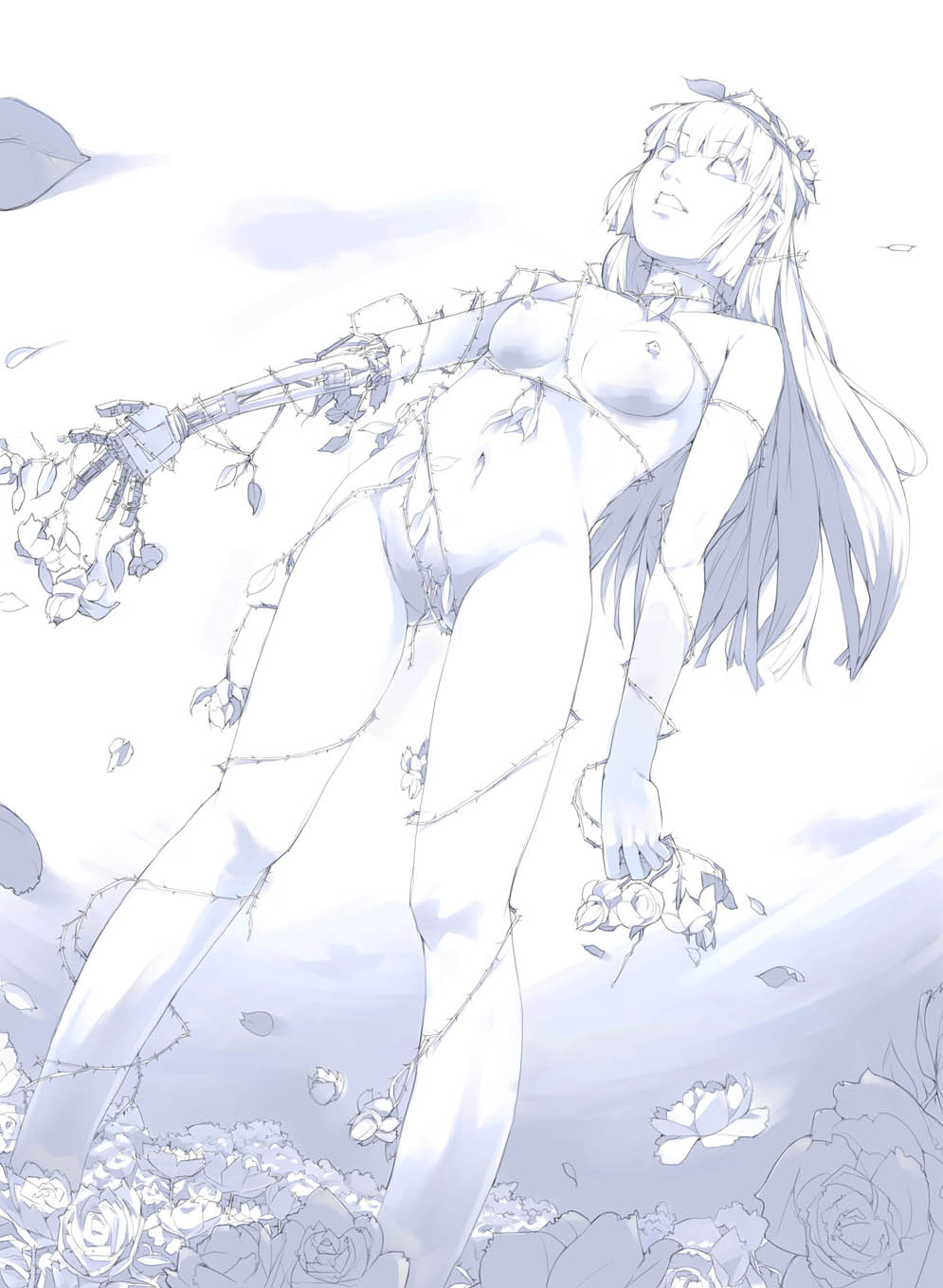 akinbo (hyouka fuyou), original, highres, 1girl, android, blue theme, breasts, female focus, flower, mechabare, medium breasts, monochrome, nude, overgrown, plant, robot, rose, solo, thigh gap, thighs, thorns, vines, white theme