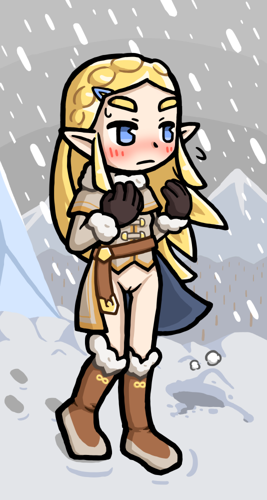 yoshikage (k hisagi), princess zelda, nintendo, the legend of zelda, the legend of zelda: breath of the wild, 1girl, blonde hair, blue eyes, blush, boots, cleft of venus, coat, female focus, footprints, fur trim, gloves, long hair, mountain, no panties, no pants, outdoors, pointy ears, pussy, snow, snowing, solo, walking