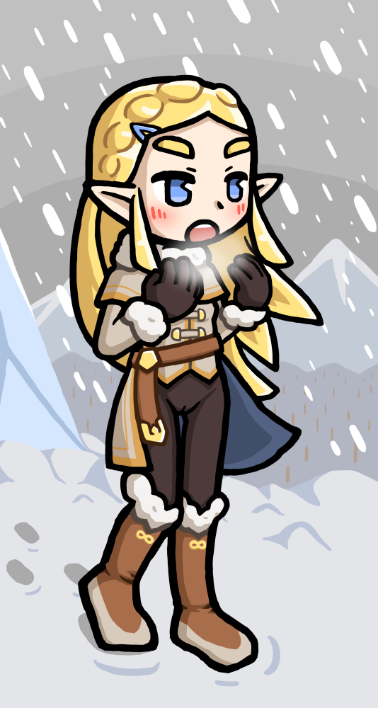 yoshikage (k hisagi), princess zelda, nintendo, the legend of zelda, the legend of zelda: breath of the wild, 1girl, blonde hair, blue eyes, blush, boots, breath, cameltoe, coat, female focus, footprints, fur trim, gloves, long hair, mountain, open mouth, outdoors, pants, pointy ears, snow, snowing, solo, tight clothes, tight pants, walking