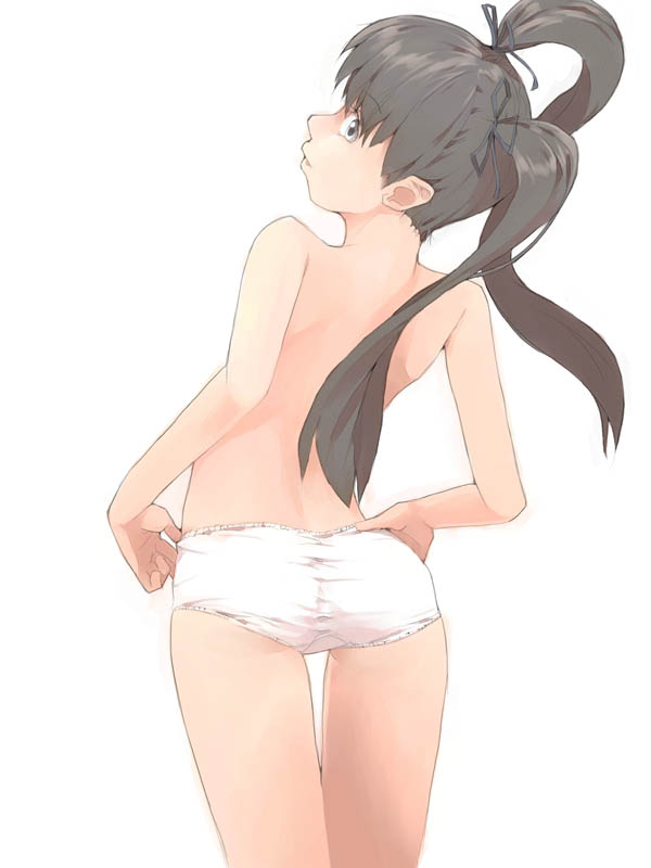 akinbo (hyouka fuyou), original, 1girl, female focus, loli, simple background, solo, thigh gap, thighs, topless female, twintails, underwear, underwear only, white background