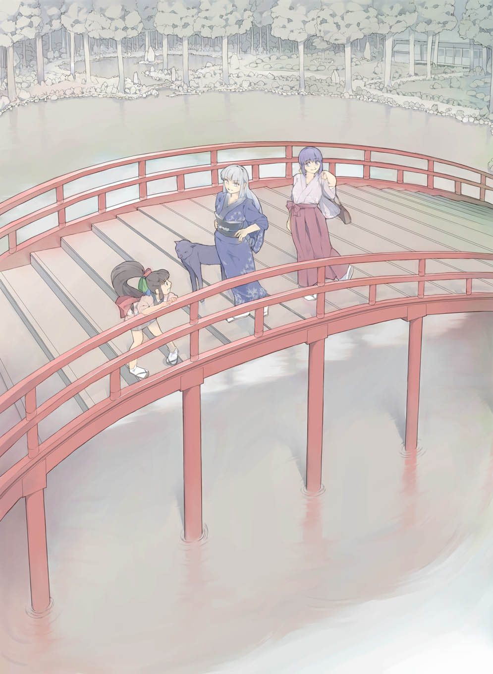 akinbo (hyouka fuyou), 95-tan, dos, dos cat, nt-tan, original, os-tan, silver hair, white legwear, bad id, character request, highres, 3girls, arch, black hair, bridge, building, eye contact, fog, hakama, hakama skirt, happy, high ponytail, japanese clothes, kimono, long hair, looking at another, miko, multiple girls, outdoors, pigeon-toed, ponytail, red hakama, red skirt, river, scenery, shore, short kimono, skirt, smile, standing, tabi, tree, very long hair, water, wooden bridge