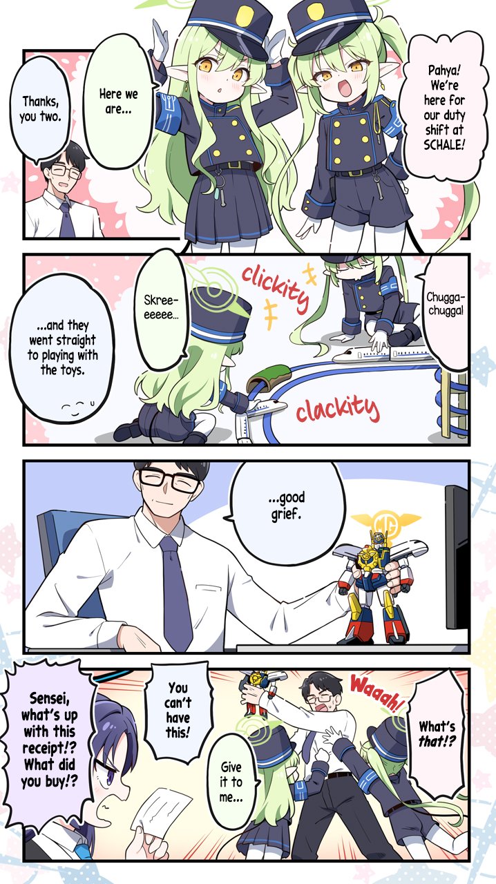 yuuma (skirthike), hikari (blue archive), might gaine, nozomi (blue archive), sensei (blue archive), yuuka (blue archive), blue archive, shinkansen, yuusha series, yuusha tokkyuu might gaine, uniform, 1boy, 3girls, chair, closed eyes, comic, desk, earrings, english translation, glasses, gloves, green hair, halo, hat, jewelry, kneeling, leggings, long hair, long sleeves, mecha, model train, monitor, multiple girls, necktie, orange eyes, pointy ears, purple eyes, purple hair, receipt, robot, shirt, siblings, skirt, tail, toy, train, twins, twintails, whistle, white leggings