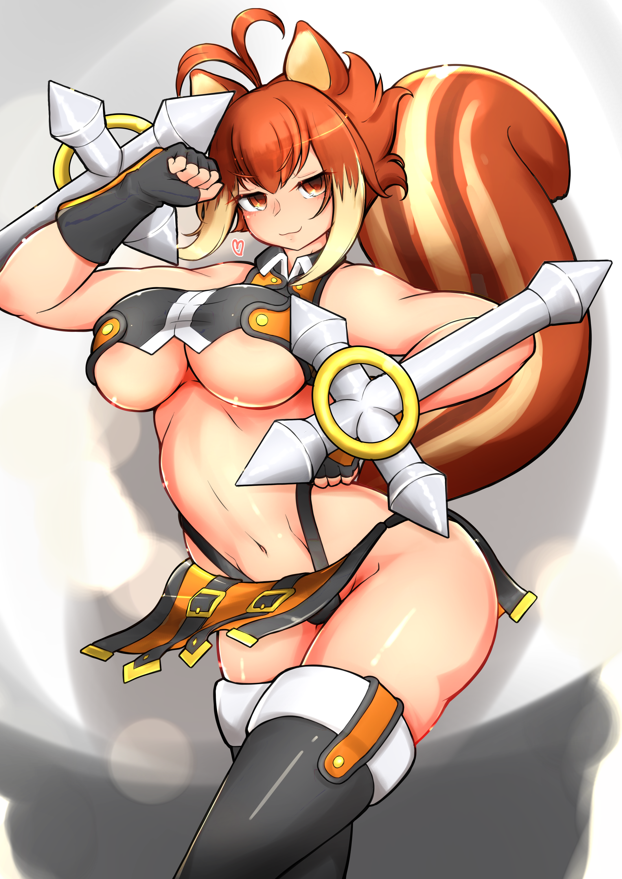 u g peru, makoto nanaya, blazblue, 1girl, animal ears, bare shoulders, breasts, brown eyes, brown hair, crop top, fingerless gloves, gloves, heart, large breasts, microskirt, midriff, short hair, skirt, sleeveless, smug, squirrel ears, squirrel tail, tail, thighhighs, tonfa, underboob, weapon
